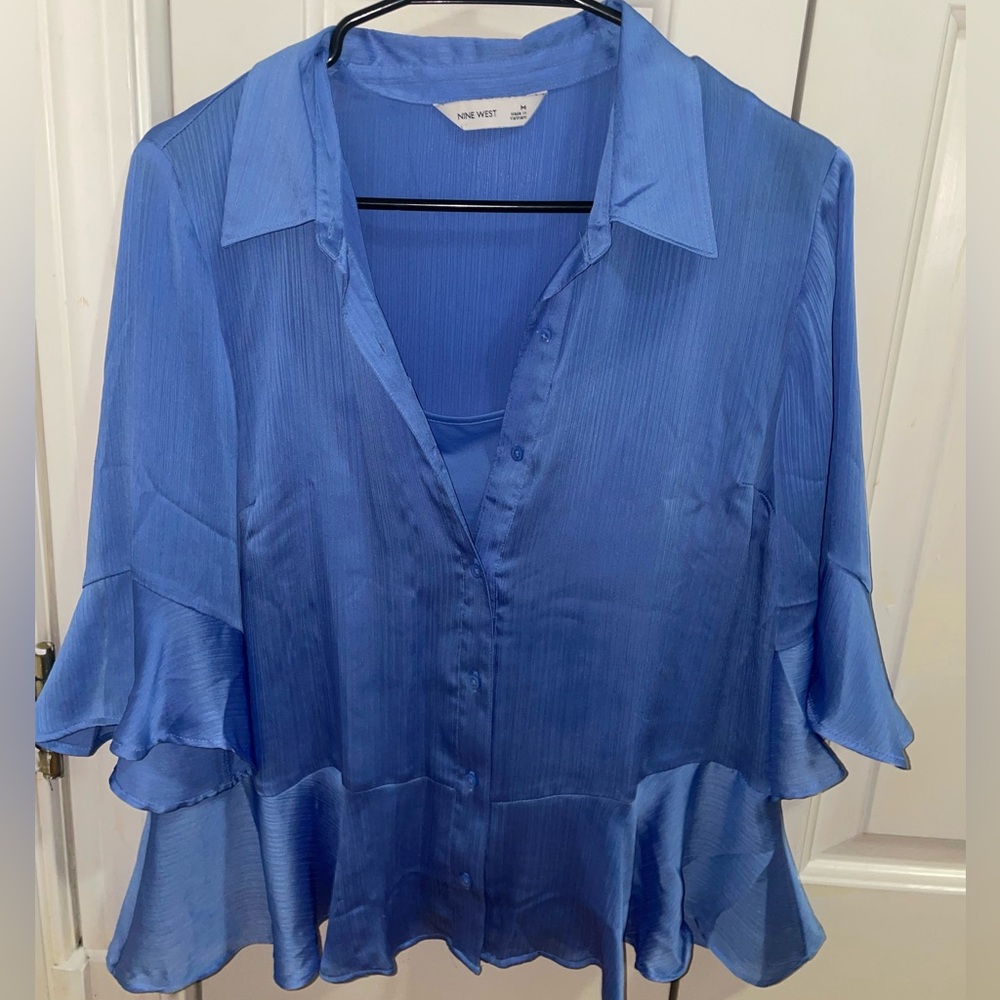 Nine West Women's Vibrant Blue Ruffled Blouse